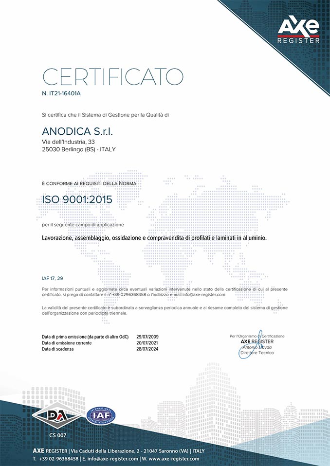 Anodica certificata ISO 9001